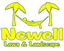 Newell lawn & landscape logo in yellow. two palm trees holding a person lying in a hammock.